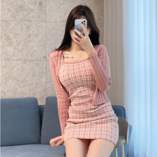 골지 가디건 + 체크 미니 원피스 세트
