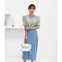 트위드 플리츠 배색 밴딩 롱 원피스