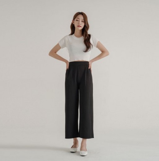 여성용 밴딩 하이웨스트 와이드 핏 9부 슬랙스 팬츠